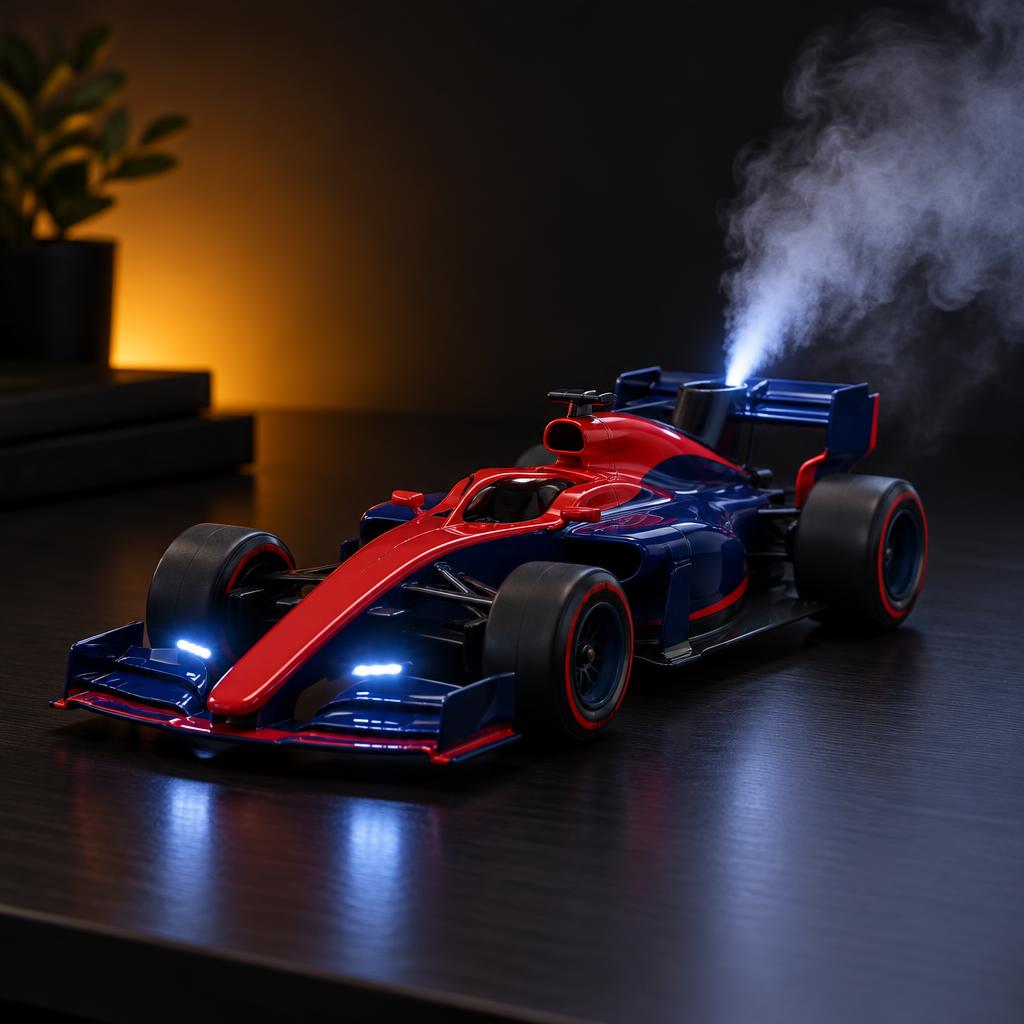Open-wheel racer with glowing lights and exhaust mist